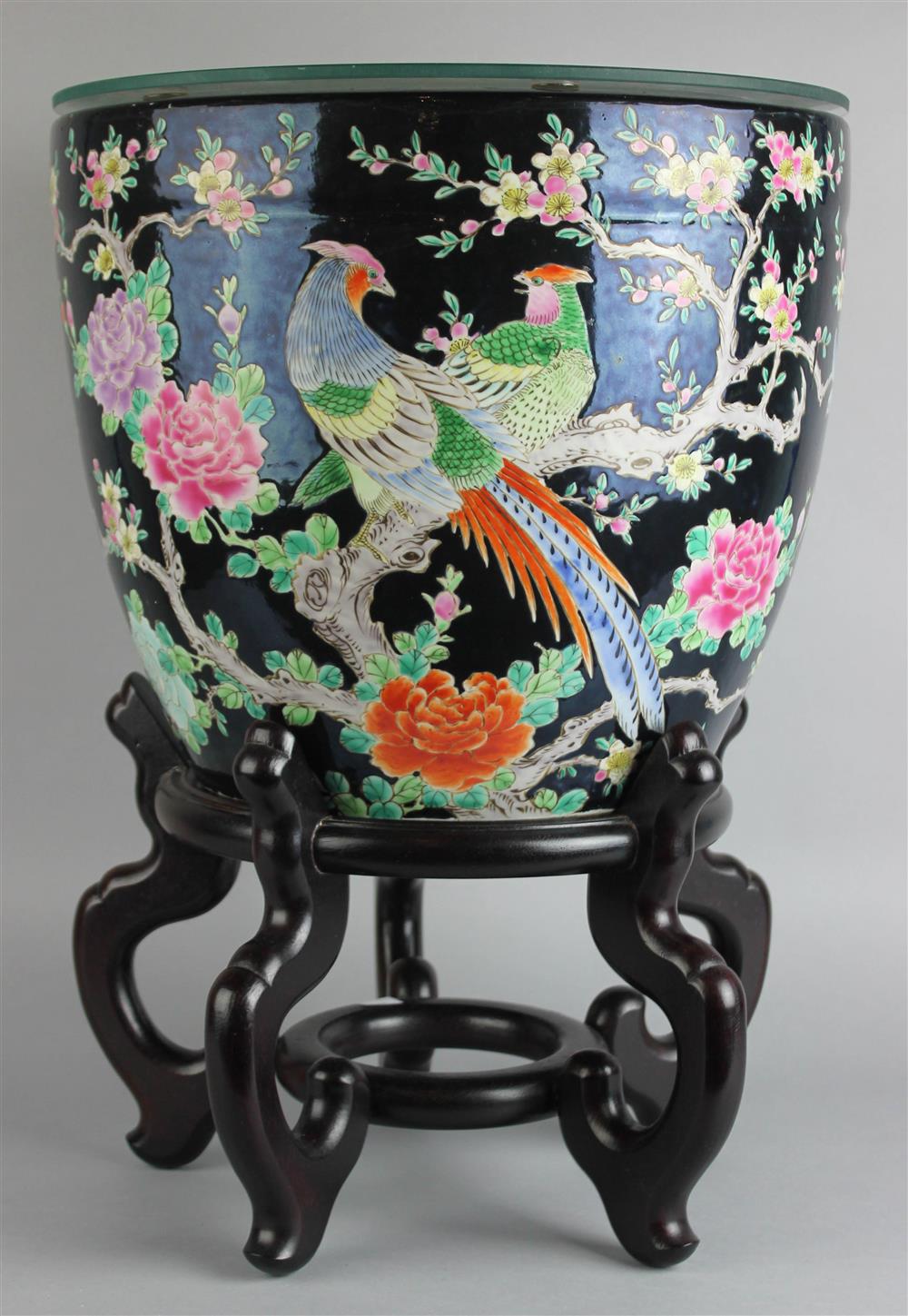 Appraisal: CHINESE FAMILLE ROSE JARDINIERE ON WOOD STAND of flared circular