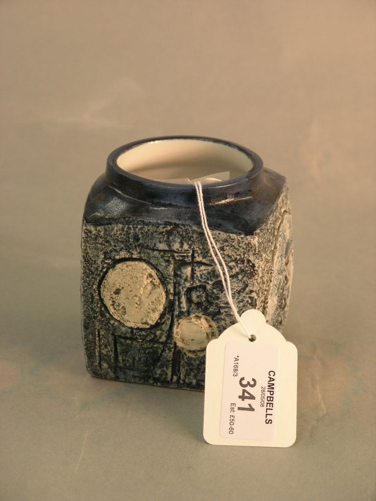 Appraisal: A Troika marmalade pot stylised designs against a textured turquoise