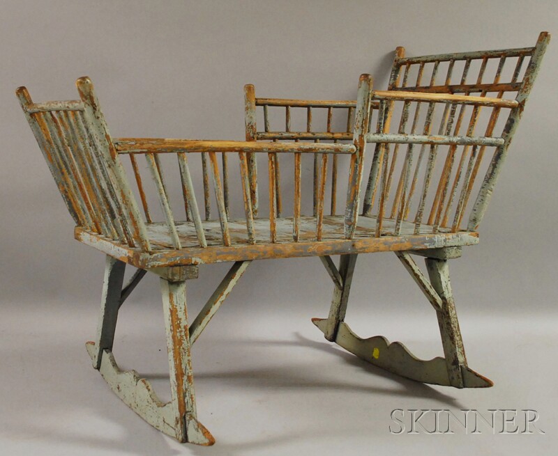 Appraisal: Windsor Blue-painted Spindle-sided Rocking Cradle ht lg in