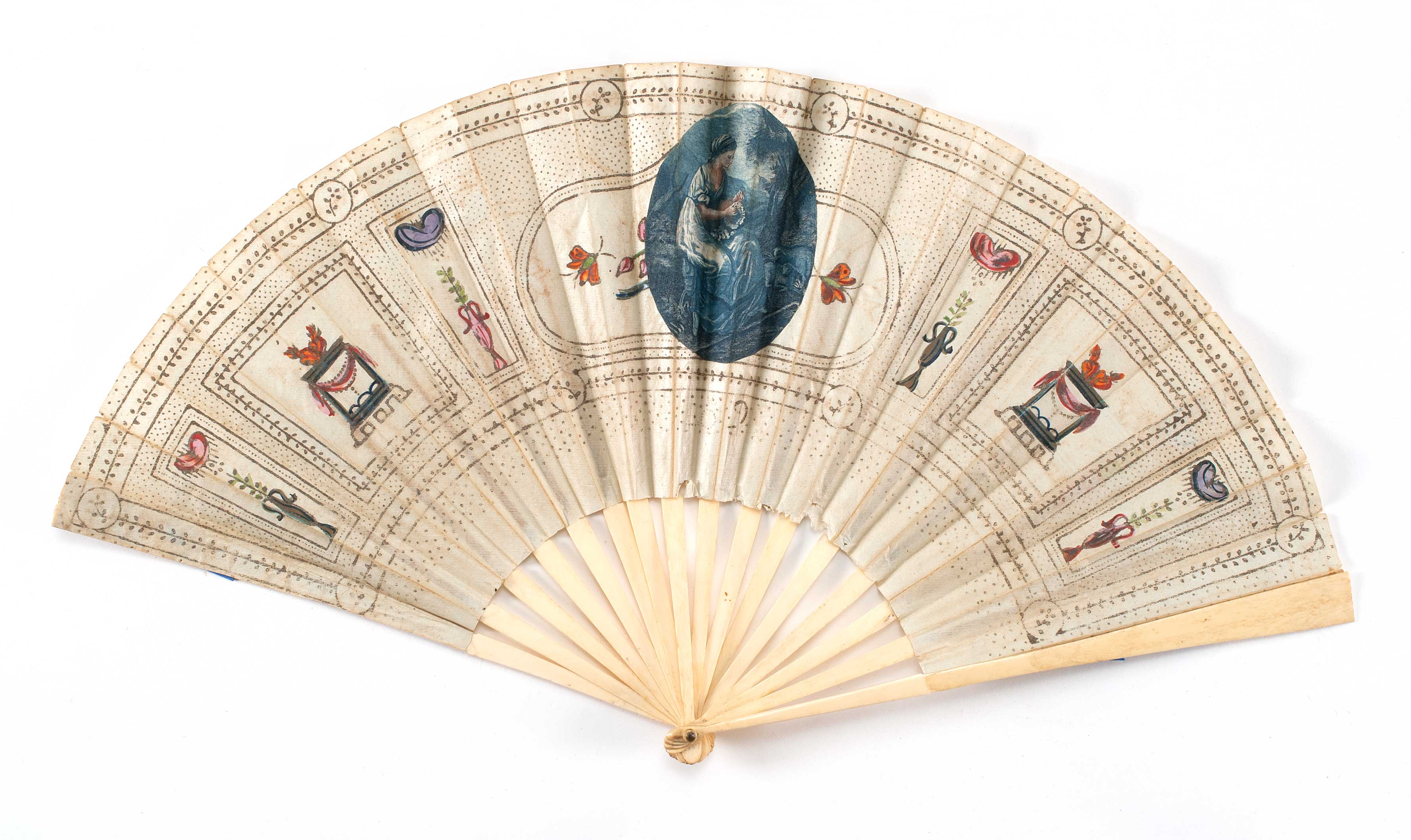 Appraisal: PAPER AND BONE FOLDING FAN Italian th CenturySix hand-painted reserves