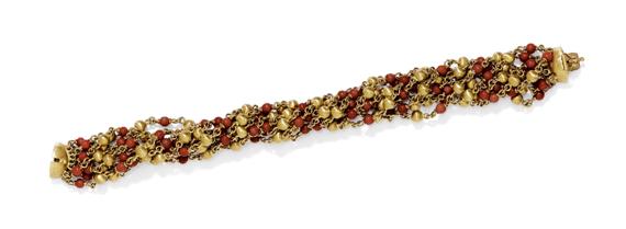 Appraisal: GOLD AND CORAL BRACELET ca Yellow gold g Decorative nine-row