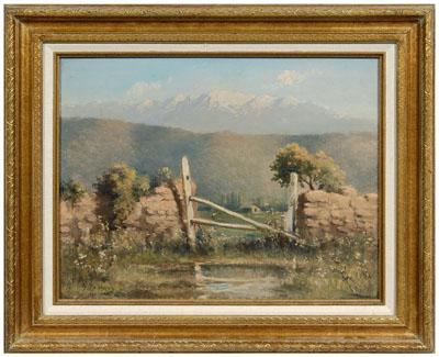 Appraisal: Chilean landscape painting stone and rail fence with cabin and