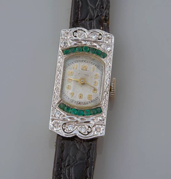 Appraisal: An emerald and diamond watch Swiss movement with later strap