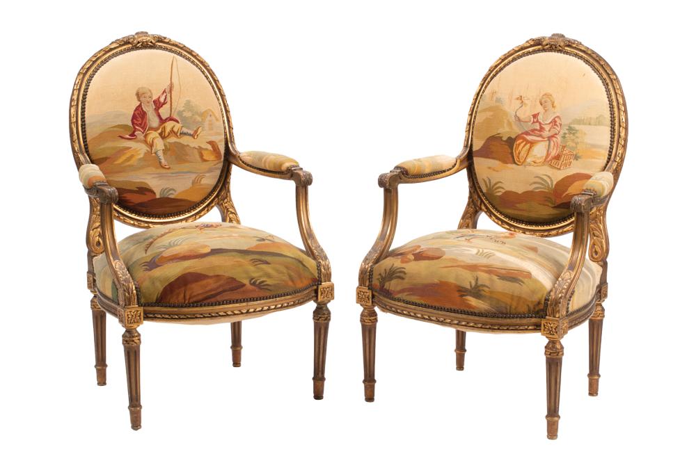 Appraisal: Pair of Louis XVI-Style Carved Giltwood Fauteuils tapestry upholstery h