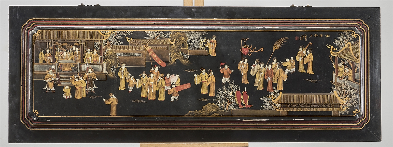 Appraisal: Chinese gilt and painted wood panel depicting a court scene