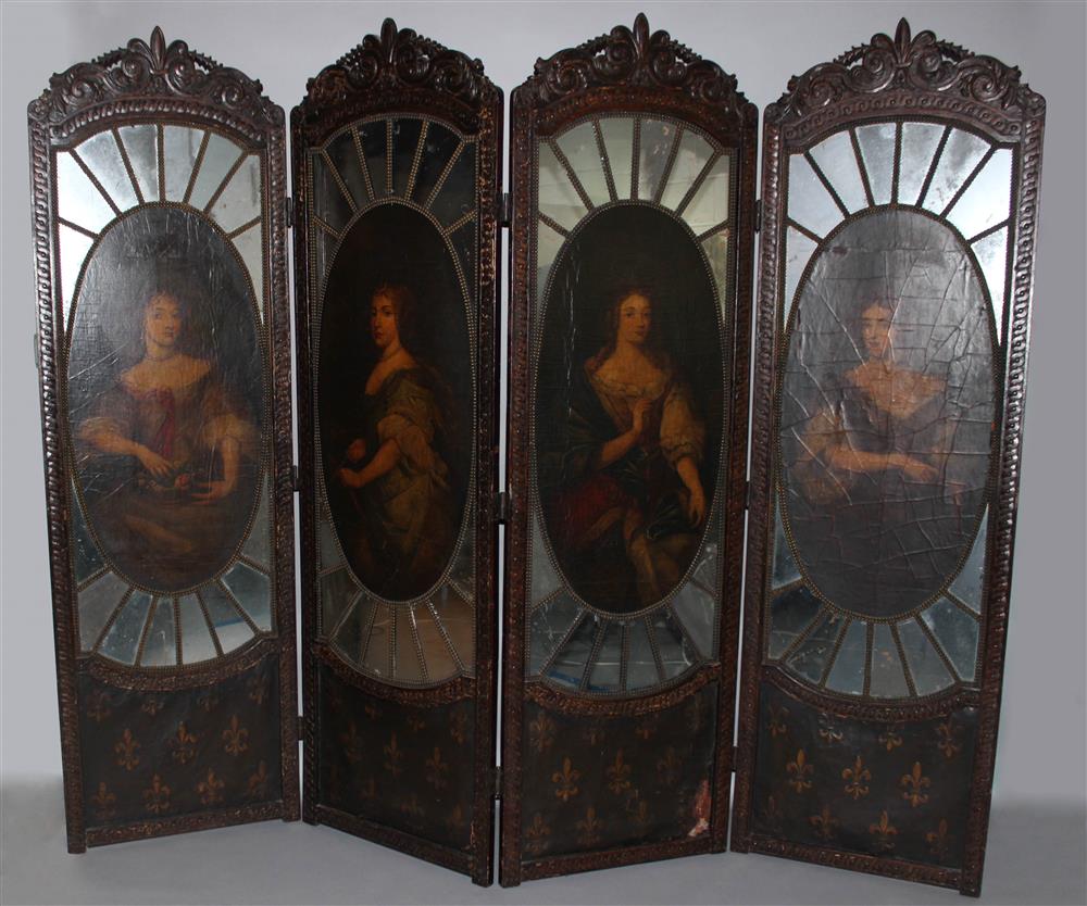 Appraisal: RENAISSANCE REVIVAL FOUR-PANEL FOLDING SCREEN WITH PORTRAITS OF WOMEN late