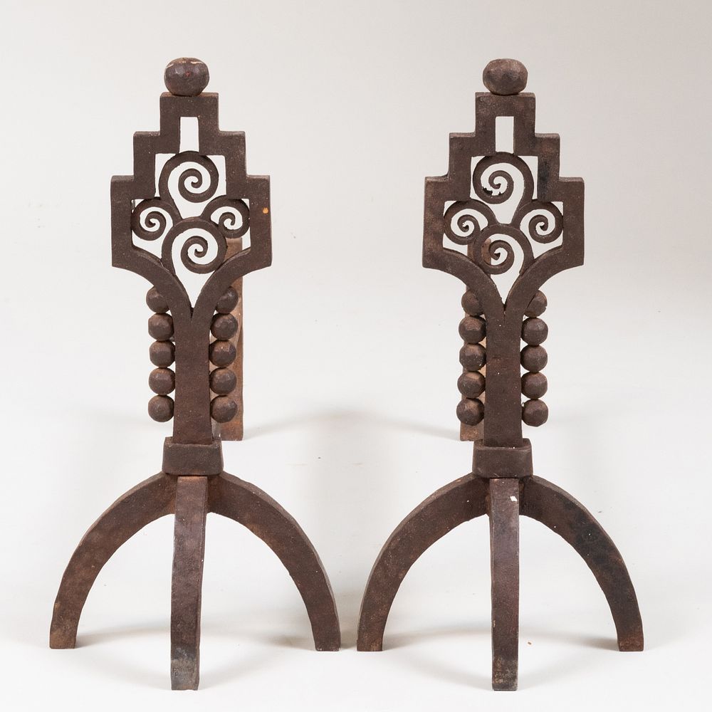 Appraisal: Pair of Art Deco Wrought Iron Andirons Attributed to Paul