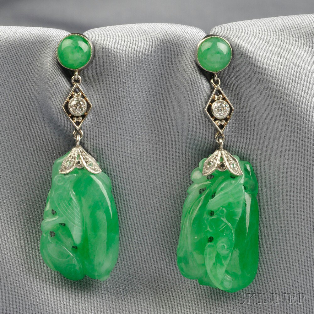 Appraisal: Platinum and Carved Jadeite Earpendants the jadeite carvings depicting bird