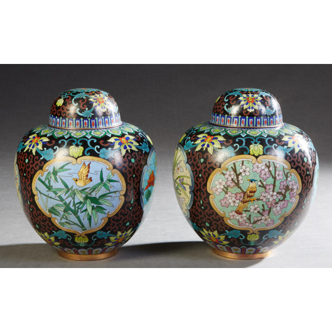 Appraisal: Pair of Black Cloisonne Baluster Covered Jars th c with