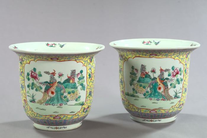 Appraisal: Large Pair of Chinese Famille Jaune Porcelain Tree Tubs in