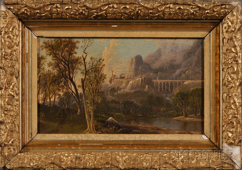 Appraisal: American School Late th Early th Century Landscape with Locomotive