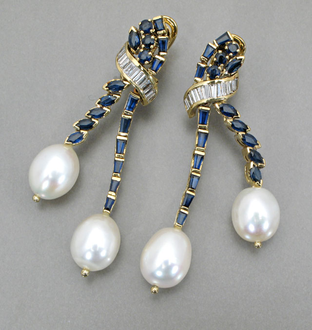 Appraisal: PAIR OF PEARL DIAMOND BLUE SAPPHIRE AND EIGHTEEN KARAT YELLOW