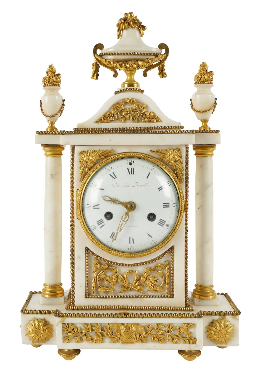 Appraisal: FRENCH GILT METAL-MOUNTED MARBLE MANTLE CLOCKthe white enamel dial and