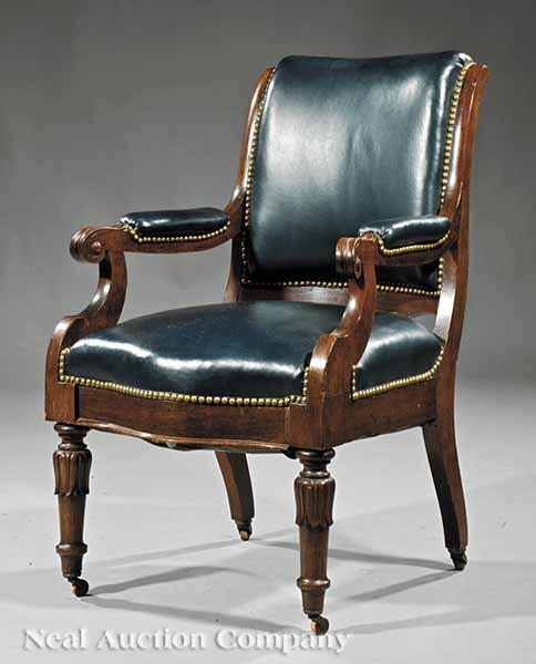 Appraisal: A Good American Classical Carved Mahogany Armchair c scrolled padded