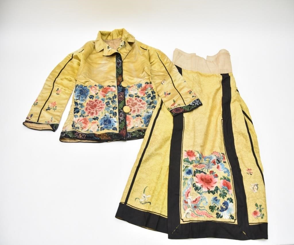 Appraisal: Chinese Imperial yellow silk paneled two-piece hand-stitched suit with exceptional