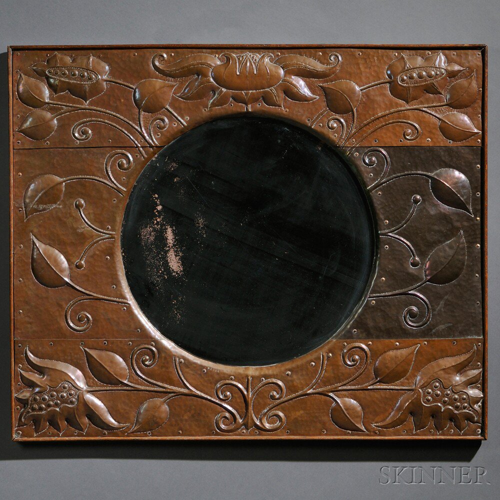 Appraisal: John Pearson Arts Crafts Mirror Copper mirror glass wood England