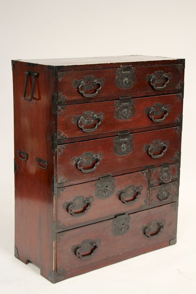 Appraisal: Asian Red Lacquered Chest of Drawers With iron work handles