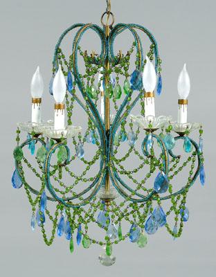 Appraisal: Crystal chandelier scrolled iron frame hung with blue and green