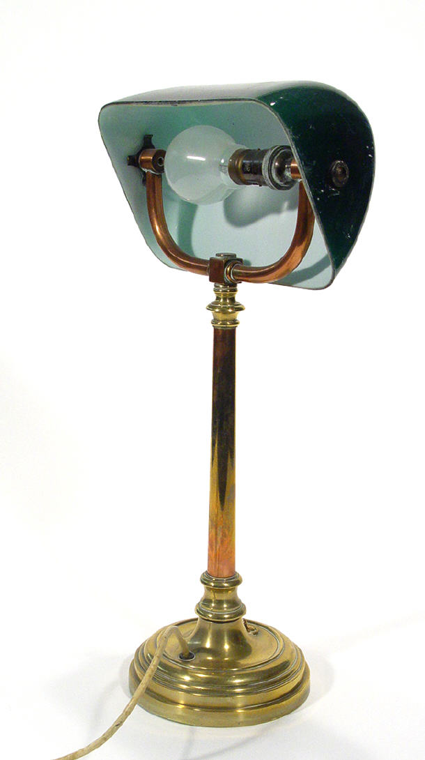 Appraisal: Circular based brass clerk's lamp with green glass shade cm