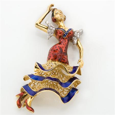 Appraisal: Gold Enamel and Diamond Flamenco Dancer Clip-Brooch Estimate -