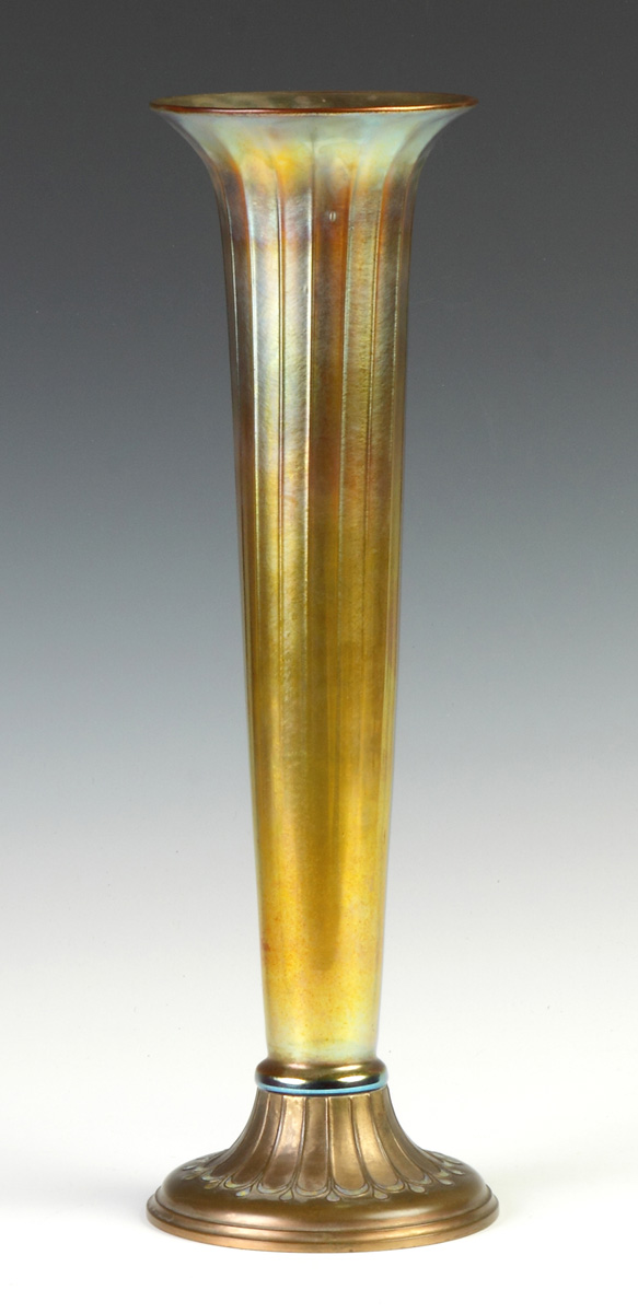 Appraisal: Tiffany Studios Iridescent Gold Ribbed Vase with Bronze Enameled Base