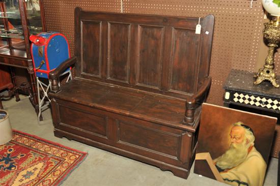 Appraisal: HALL BENCH Dark stained bench with paneled back curved arms