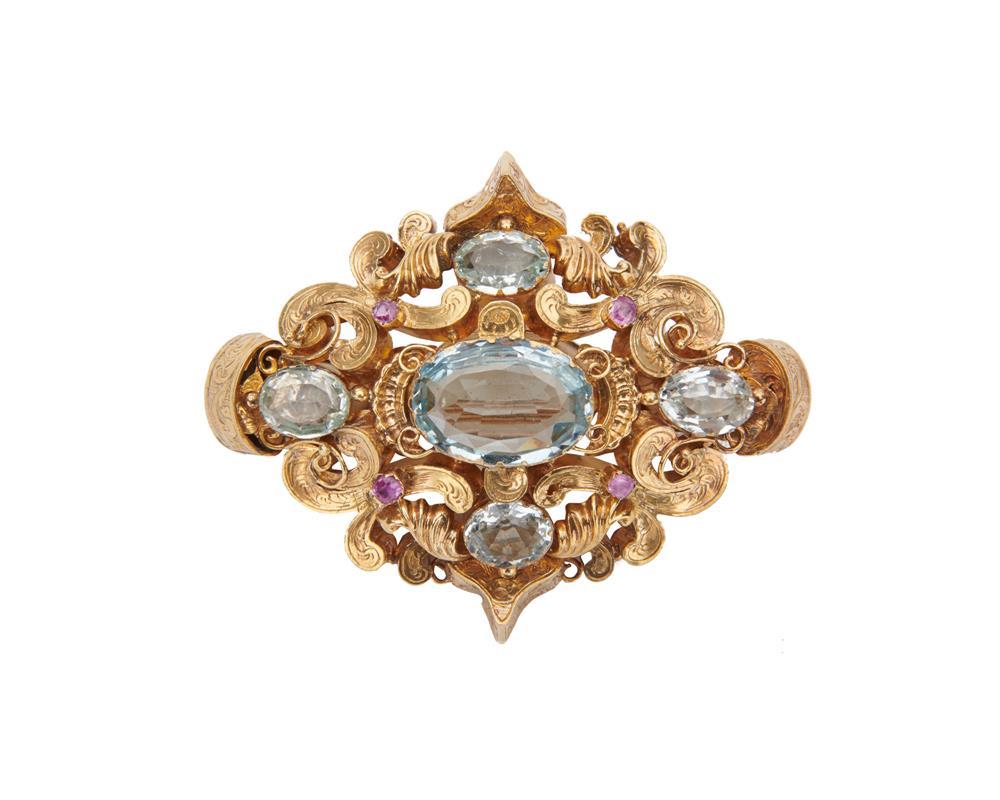 Appraisal: K Gold Aquamarine and Sapphire Brooch centering an oval-cut aquamarine