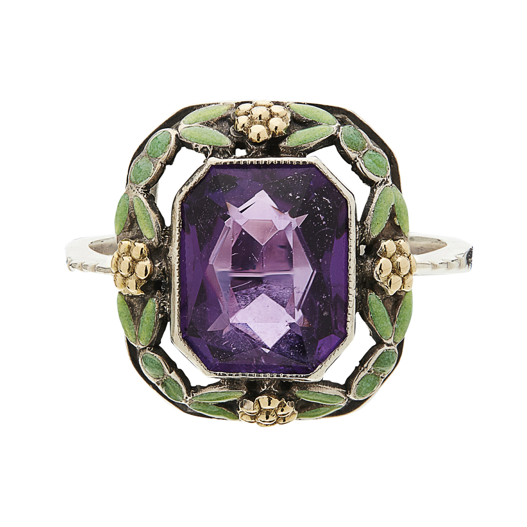 Appraisal: ATTRIBUTED TO BERNARD INSTONE AMETHYST ENAMEL SILVER AND GILT RING