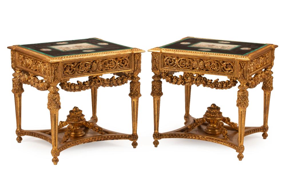 Appraisal: Pair of Louis XVI-Style Carved Giltwood Tables inset micromosaic and