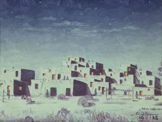 Appraisal: Taos School Adobe nocturne with figures signed indistinctly inscribed and