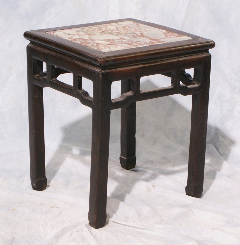 Appraisal: Carved Rosewood Chinese Square Marble Top Low table marble cracked