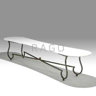 Appraisal: FRENCH Coffee table France Patinated wrought iron brass milk glass