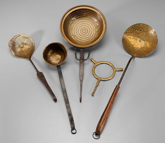 Appraisal: Five Brass Utensils three strainers iron and or wood handles