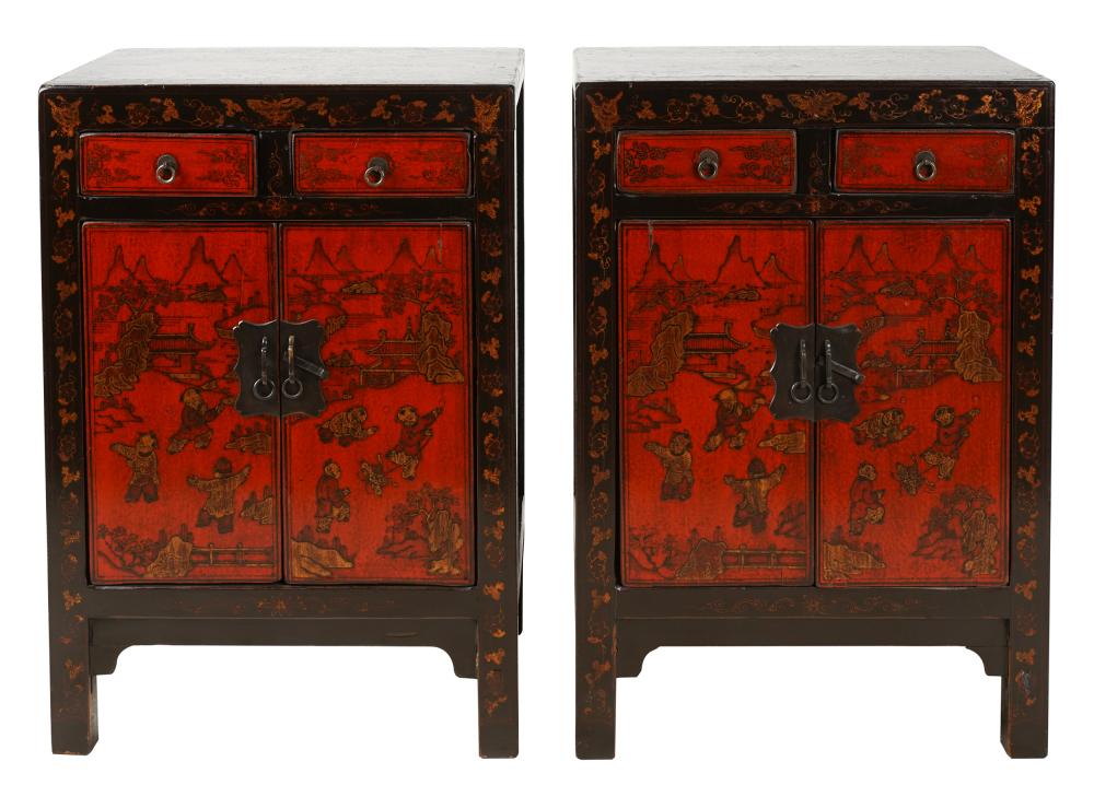 Appraisal: PAIR OF CHINESE-STYLE LACQUERED SIDE CABINETSeach having two drawers over