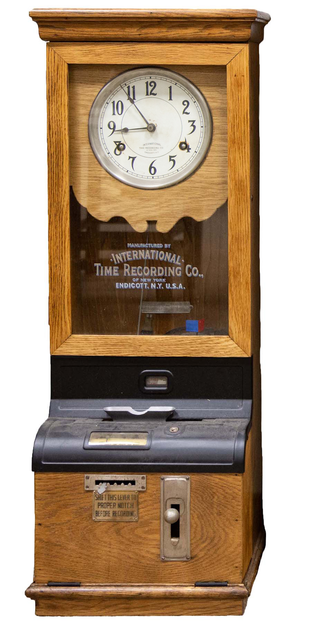 Appraisal: INTERNATIONAL TIME RECORDING CO CLOCK Ellicott NY Oak case with