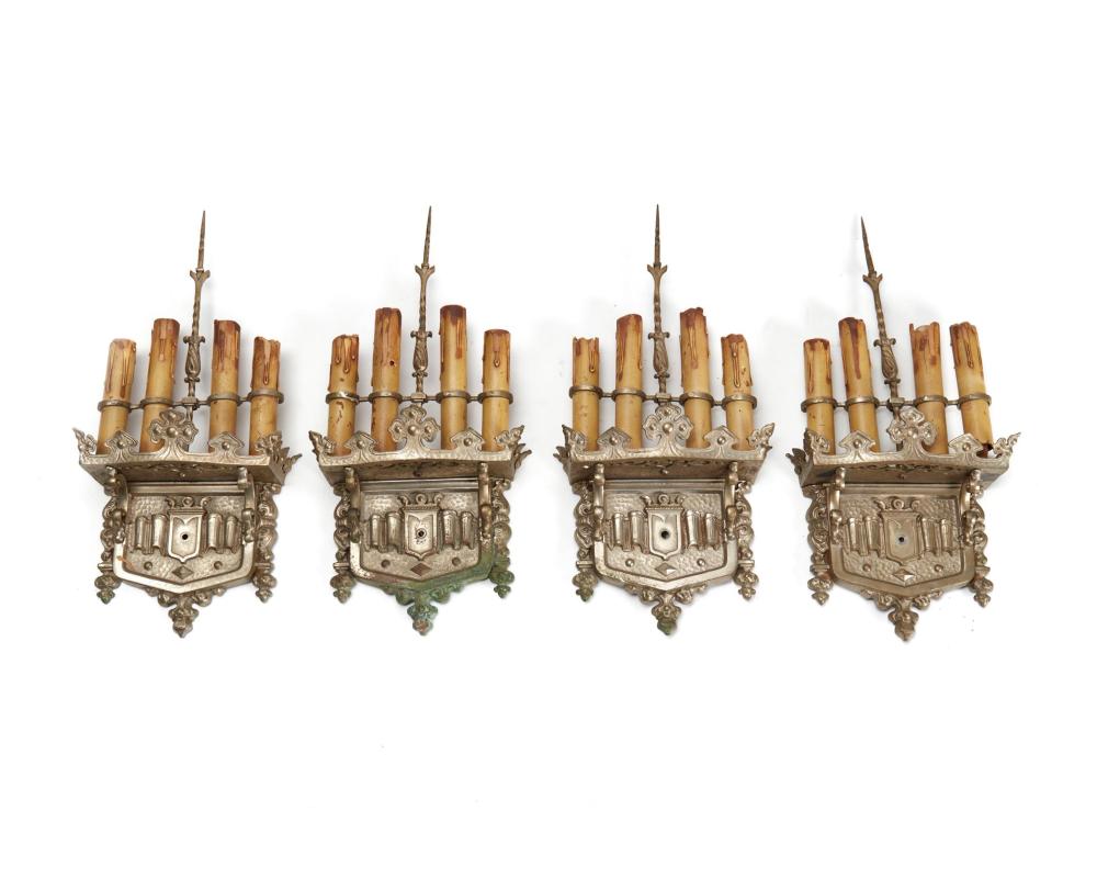 Appraisal: Four silvered-bronze wall sconces First-Quarter th Century Each four-light sconce