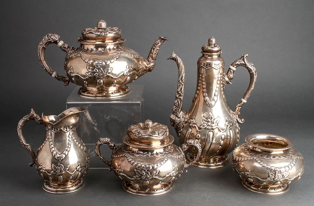 Appraisal: Art Nouveau Gorham Silver Ornate Tea Service Pcs Art Nouveau