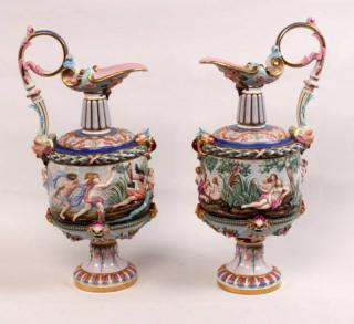 Appraisal: PAIR OF CAPO DI MONTE PORCELAIN EWERS PAIR OF CAPO