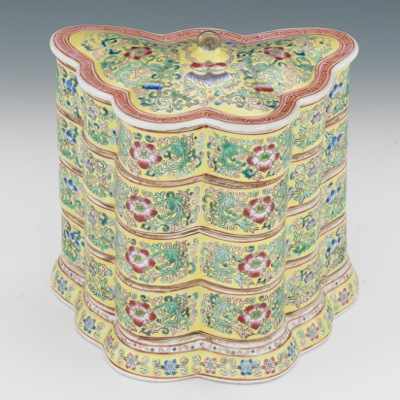 Appraisal: A Chinese Porcelain Stacking Container with Lid Butterfly shape four