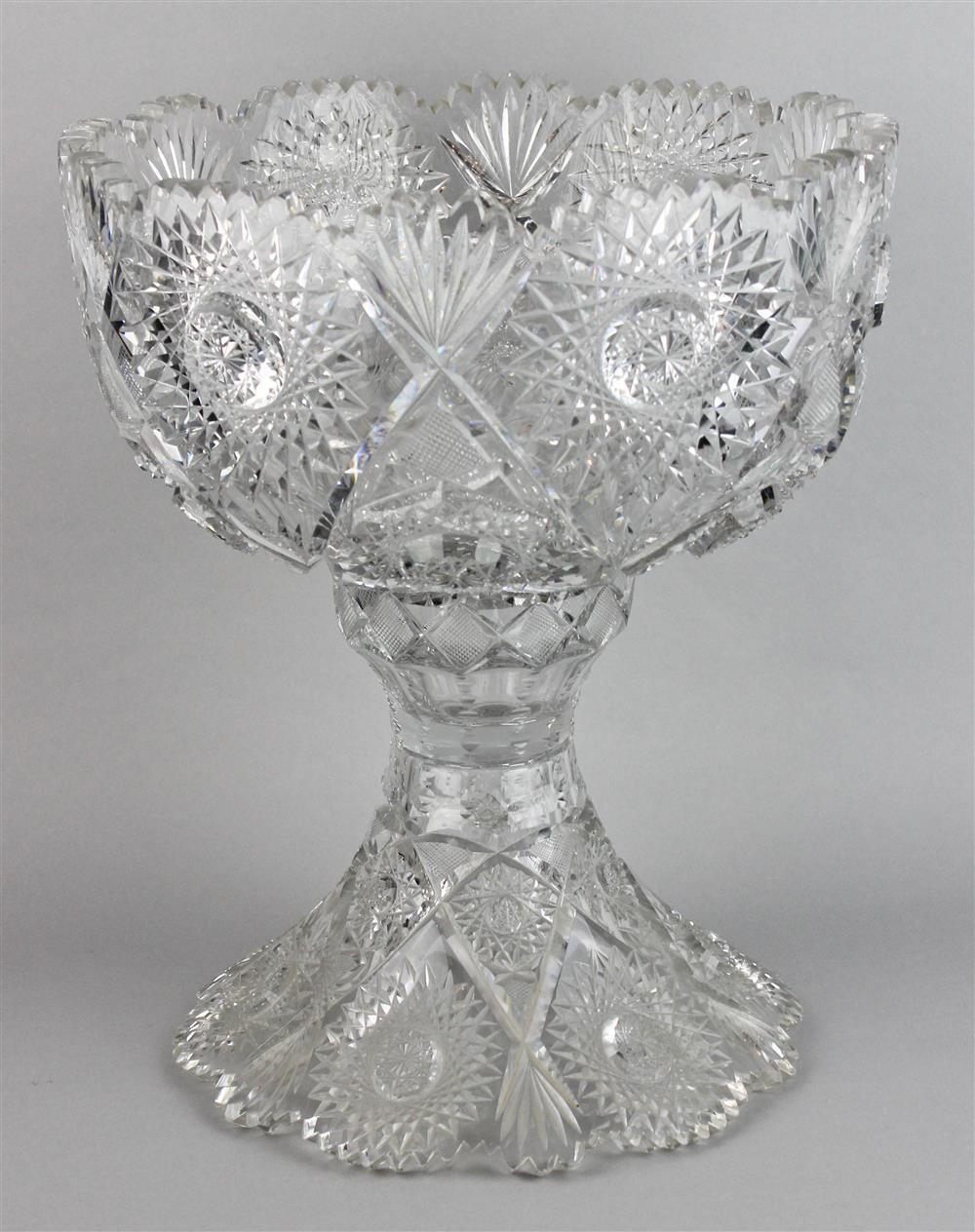 Appraisal: BRILLIANT CUT GLASS PUNCH BOWL ON STAND with scalloped sawtooth