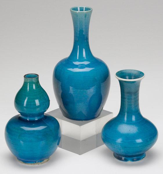 Appraisal: ASIAN VASES Grouping of three Chinese turquoise glazed pieces includes