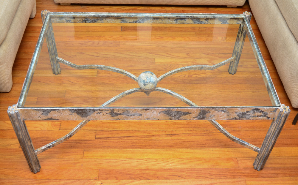 Appraisal: NIERMANN WEEKS GLASS TOP COFFEE TABLE Custom made distressed painted