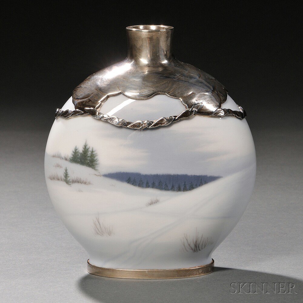 Appraisal: Royal Copenhagen Sterling Silver-mounted Porcelain Vase Denmark c decorated with