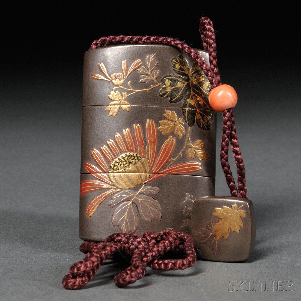 Appraisal: Lacquered Inro with Ojime and Netsuke Japan th century oval