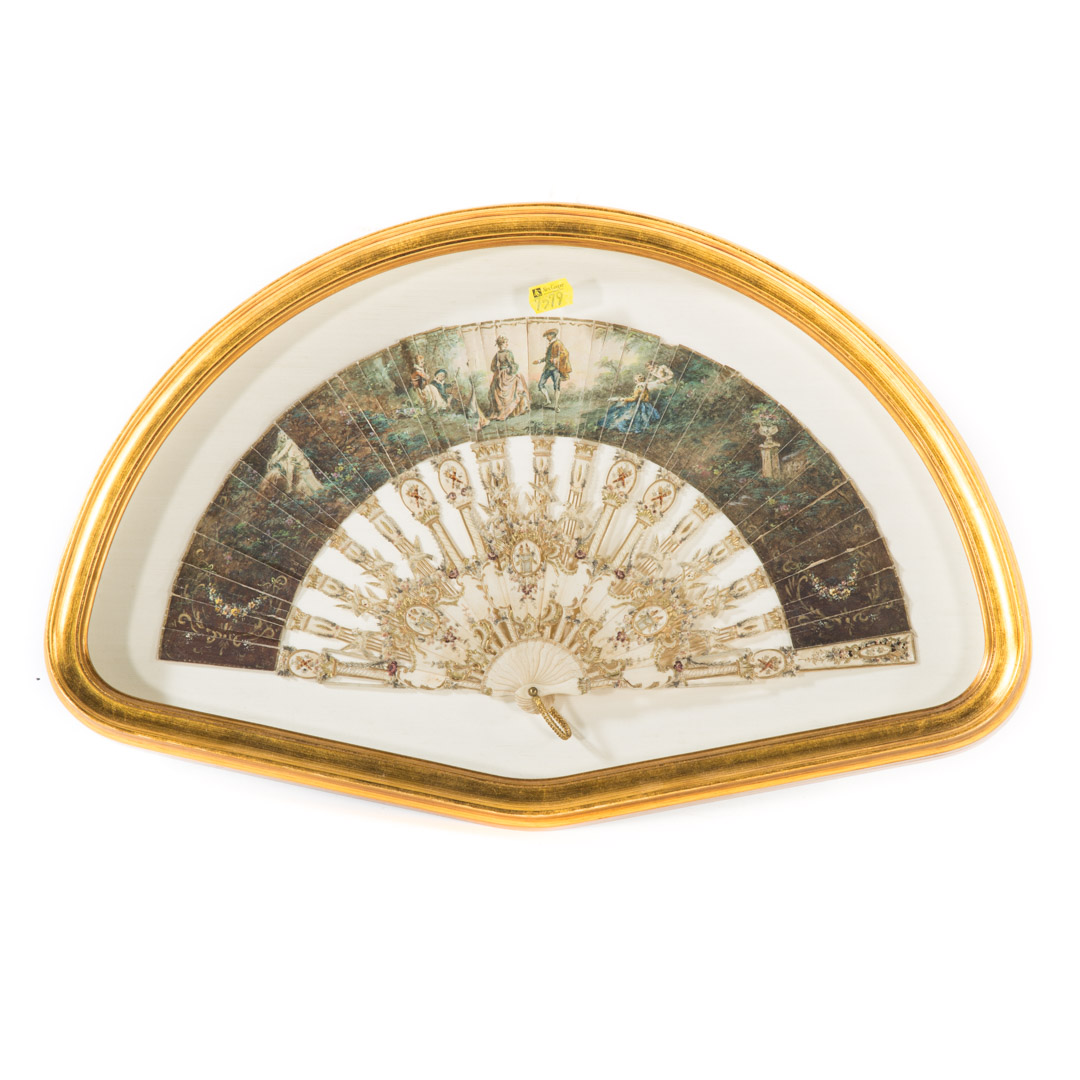 Appraisal: Continental bone and paper fan in fan-shaped giltwood shadowbox frame