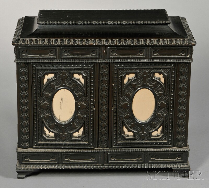 Appraisal: Ebonized Specimen Cabinet th century with shallow pagoda top above