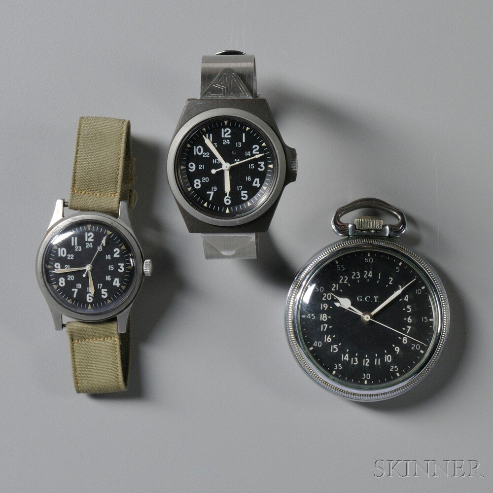 Appraisal: Three Military Watches two wristwatches with black dials one with