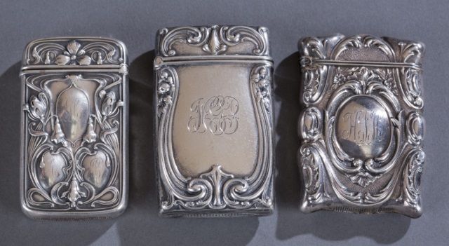 Appraisal: Three Sterling Match Safes Including an Art Noveau Gorham safe