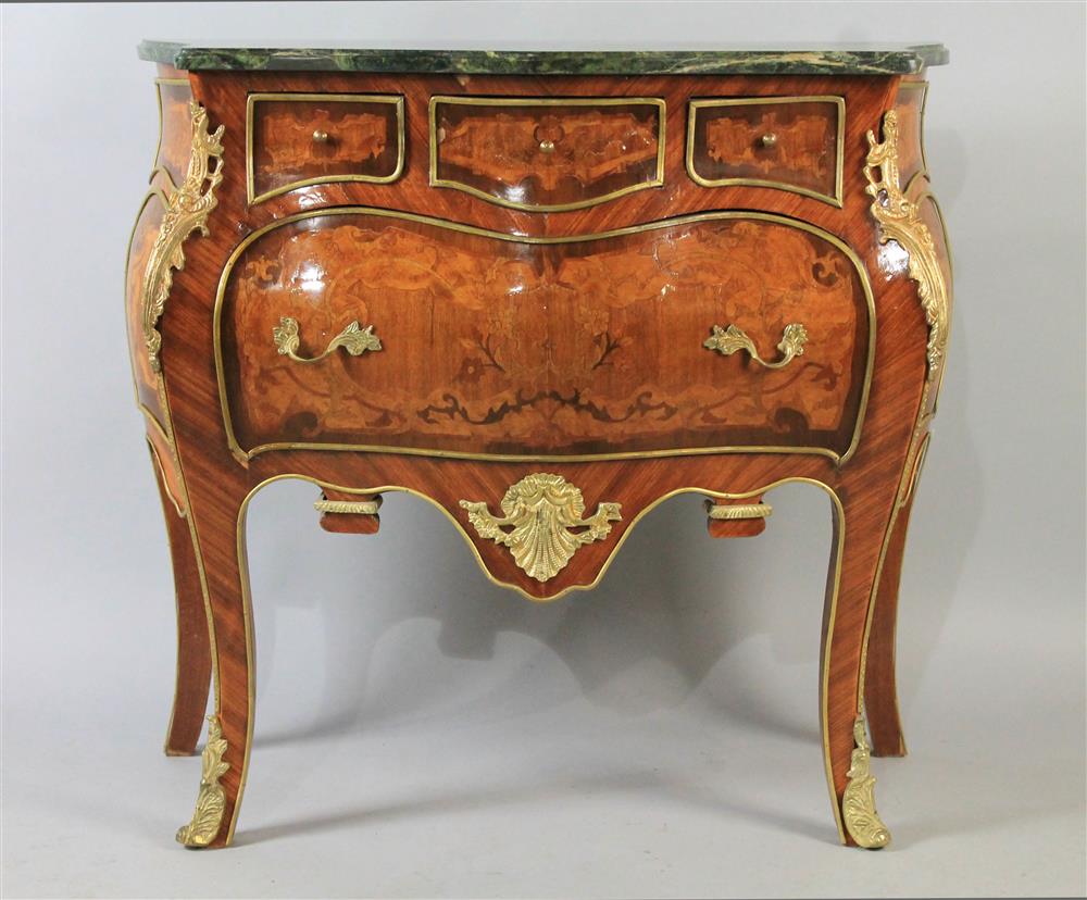 Appraisal: LOUIS XV STYLE MARQUETRY SMALL COMMODE WITH BRASS MOUNTS AND