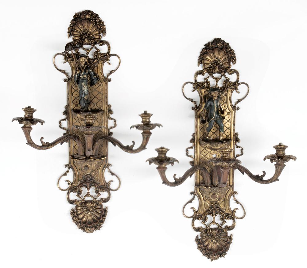 Appraisal: Pair of Regence-Style Gilt Bronze Three-Light Wall Sconces foliate shell